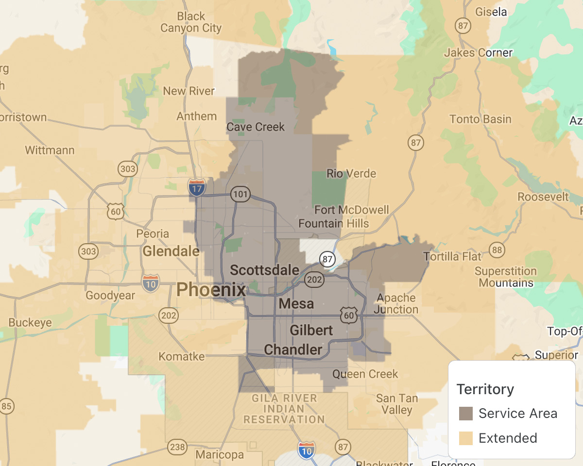 Map of Bloom Veterinary service area across Phoenix East Valley
